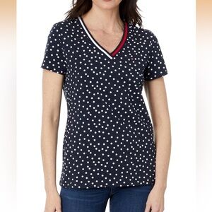 NWT Tommy Hilfiger Blue and White Polka Dot V-Neck Shirt